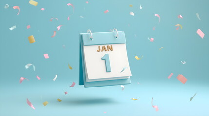 3D Calendar January 1st with Confetti on Blue Background