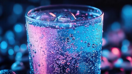 Close-up of a chilled glass of fizzy carbonated drink with ice cubes, bubbling condensation and neon blue and pink lighting conveying a refreshing vibrant mood
