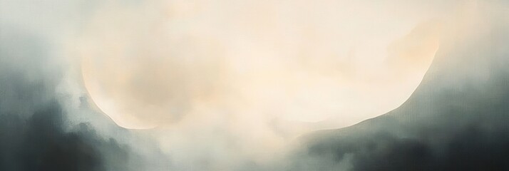 soft misty mountain valley with pale sun breaking through clouds, calm ethereal morning mood