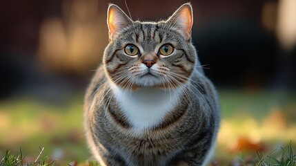 curious alert tabby cat with green eyes and white chest sitting on grass in warm autumn light, focused and calm expression