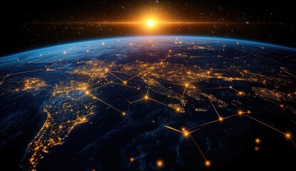 Sunrise over Earth with glowing city lights and golden network lines connecting continents, evoking a sense of global connectivity and awe