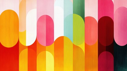 bright abstract composition of vertical rounded bars and overlapping semicircles with textured brush strokes conveying energetic joyful mood