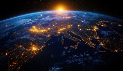 Sunrise over illuminated Europe seen from space with glowing city lights, arcing data lines and a futuristic sense of global connectivity and awe