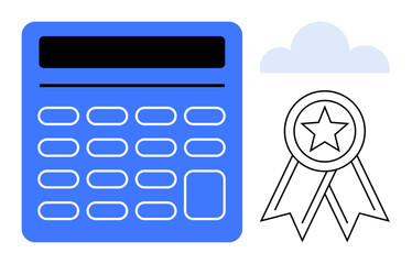 Education, online learning, accounting, achievement, success, certification. Blue calculator and award ribbon with star, cloud icon. Achievement and certification visual