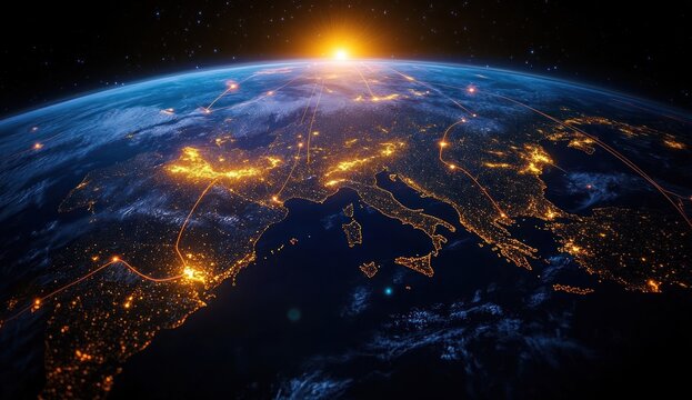 Sunrise over illuminated Europe seen from space with glowing city lights, arcing data lines and a futuristic sense of global connectivity and awe - Powered by Adobe