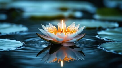 glowing water lily with candle-like flame floating on dark still water surrounded by lily pads, soft reflection and ripples conveying peaceful meditative calm