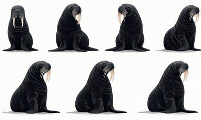 Seven stoic black walruses with long tusks sitting in various poses on a clean white background, calm and dignified expressions