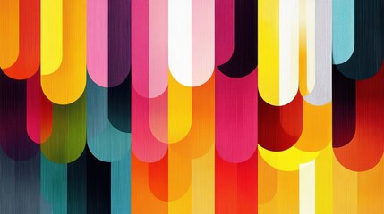 Vibrant multicolored overlapping rounded vertical arches and scallops with visible brush texture creating an energetic playful abstract pattern