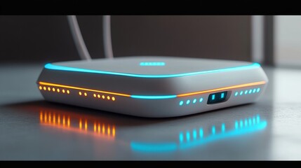 Sleek white wireless router with glowing cyan and orange LED lights, curved rounded design with cables and visible port on reflective tabletop, futuristic calm high-tech mood