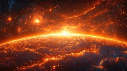 Majestic fiery sunrise over a glowing alien planet with luminous orange cloudscape, distant planets, nebula and glittering stars evoking awe and wonder