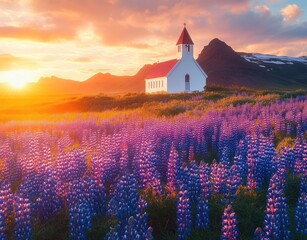 Small white chapel with red roof and cross beside a vast field of purple lupine at golden sunset, dramatic clouds and distant snow-patched mountains, tranquil and peaceful mood