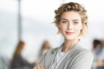 A confident young woman with curly blonde hair smiles warmly, exuding a friendly and approachable vibe in a professional setting.