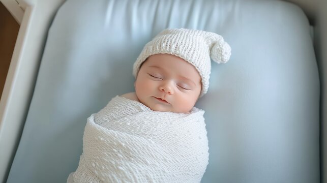 newborn baby peacefully sleeping swaddled in white knit blanket with matching hat on a pale blue bassinet mattress