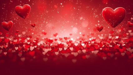 A vibrant red background with floating hearts and sparkling lights on valentines day
