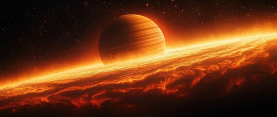 Fiery orange gas giant looming above a blazing molten horizon with swirling plasma and distant stars, dramatic and awe-inspiring