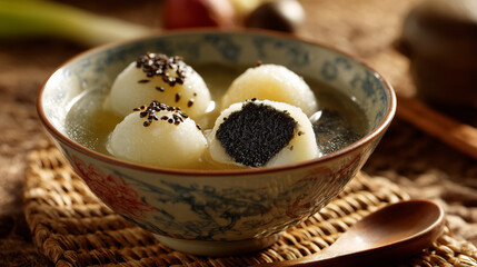 Close up of tangyuan, traditional Asian sweet glutinous rice dumplings served in warm syrup soup, authentic Chinese dessert scene with soft texture and cozy festive mood.