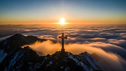 Aerial View of a Summit Cross atop Snowy Peaks over a Golden Cloud Sea