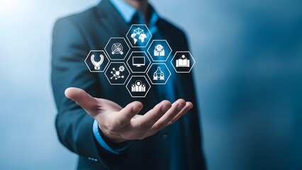 Businessman presenting a network of people icons