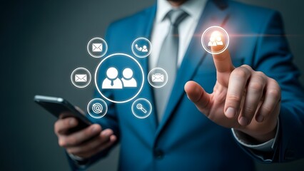 Businessman interacting with digital interface on phone and finger