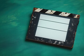 Worn film clapperboard with blank white panels resting on a teal textured surface, angled composition conveying a nostalgic cinematic mood