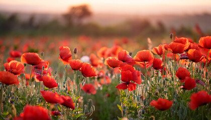 Poppy Flowers Bloom Vibrantly Their Petals Dancing In Breeze Creating Beautiful Scene Of Nature Elegance And Charm