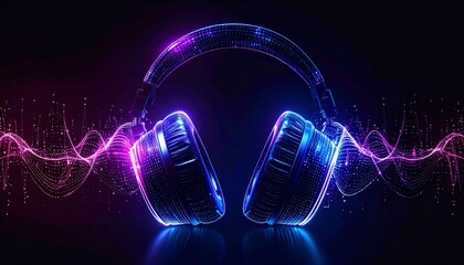 Neon Glowing Headphones with Digital Sound Waves on Dark Background