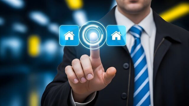 Businessman interacting with futuristic digital interface - Powered by Adobe