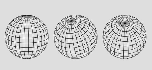 Globe grid spheres. Striped 3D wireframe spheres, geometry globe grid, earth latitude and longitude line grid vector symbols set