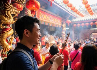 Chinese men praying at the temple 
