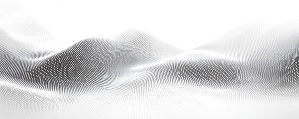 monochrome dotted mesh landscape of undulating waves and soft hills, minimal serene futuristic atmosphere
