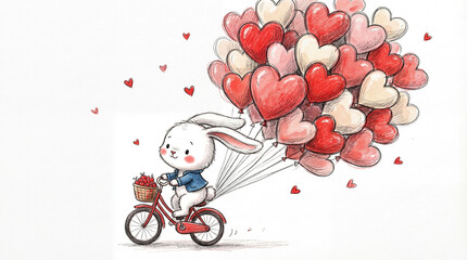Cute Valentine illustration bunny riding bicycle with heart balloons romantic love cartoon watercolor style holiday background