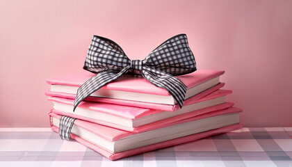 Stack Of Pink Books Wrapped In A Black Gingham Bow Resting On A Soft Pastel Background