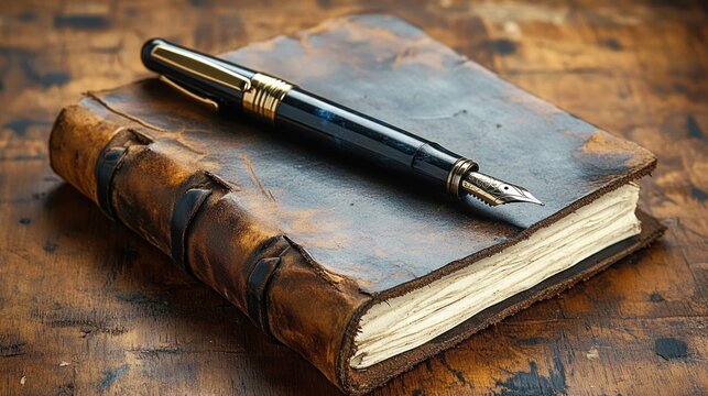 black fountain pen with gold accents resting atop a worn leather journal on a rustic wooden table, nostalgic and reflective mood