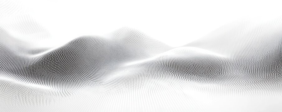 monochrome dotted mesh landscape of undulating waves and soft hills, minimal serene futuristic atmosphere
