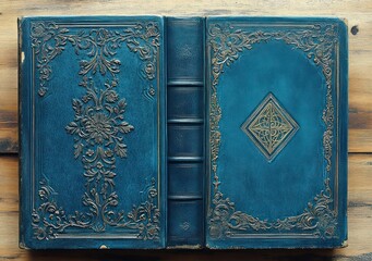 Fototapeta premium worn teal leather book with ornate gilded floral embossing and central diamond medallion, spine with raised bands, laid open on a wooden table, evoking nostalgia and mystery