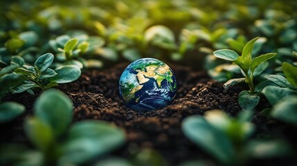 tiny earth globe nestled in rich dark soil surrounded by young green seedlings and warm sunlight, evoking hope, renewal and care for the planet