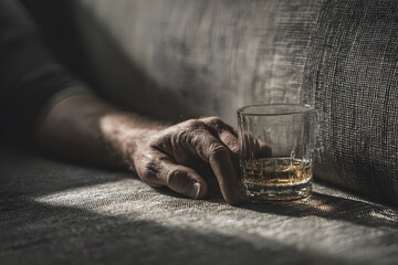 A conceptual image of a human hand resting loosely on a textured fabric sofa, with a clear glass of whiskey