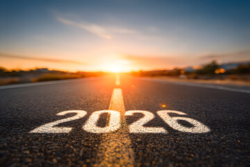 An asphalt road stretching forward, with the bold white road marking &ldquo;2026&rdquo;, modern New Year concept