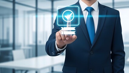 Businessman interacting with futuristic digital interface in modern office