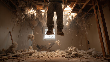Construction worker legs breaking through a ceiling during renovation, capturing a humorous accident moment in a building repair or home improvement project.