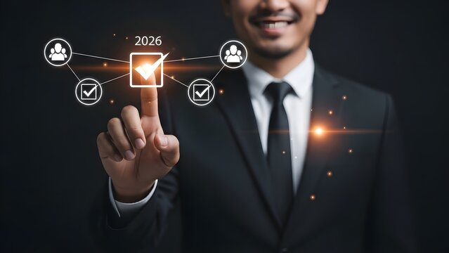 Businessman interacting with digital interface icons - Powered by Adobe