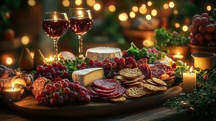 Warm rustic charcuterie spread on a wooden board with cheeses, sliced cured meats, crackers, red grapes and pears, two glasses of red wine and glowing candles in a cozy festive mood