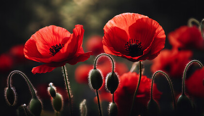 Vibrant Red Poppies Bloom Against A Dark Backdrop Symbolizing Remembrance And Honoring The Fallen On Armistice Day