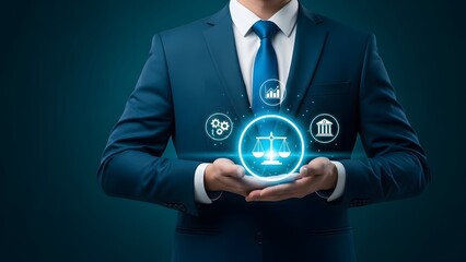 Businessman holding a glowing blue digital network icon