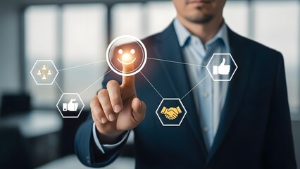 Businessman interacting with futuristic digital interface in office