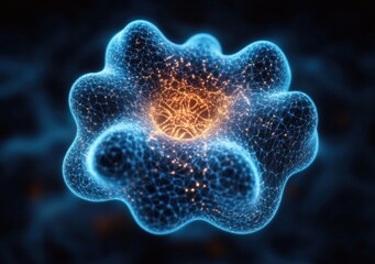 glowing blue mesh forming an organic blob with a warm orange luminous core, interconnected points and lines on a dark background, mysterious futuristic energy