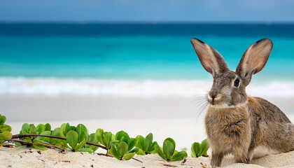 Rabbit Sitting On Sandy Beach With Vibrant Green Plants And Turquoise Ocean In Background Symbolizing Wildlife Protection And Natural Habitat Conservation