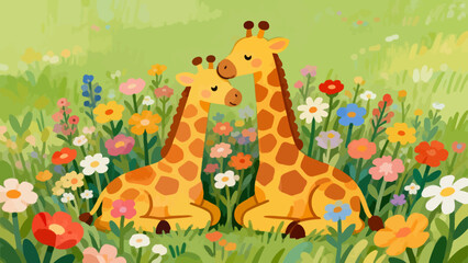 Giraffe pair in flower field © RW