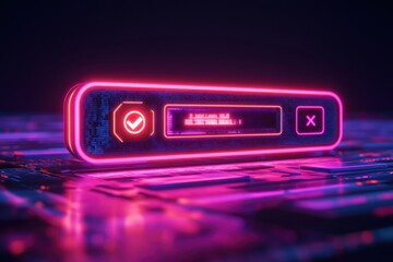 Floating neon pink and purple user interface bar with glowing check mark, close icon, and pixelated text above a reflective circuit board, sleek and energetic futuristic mood