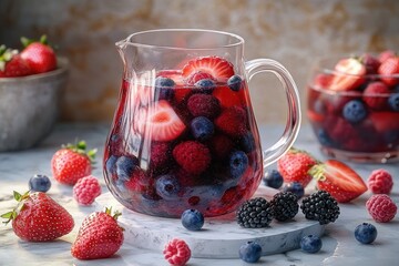 clear glass pitcher of vibrant mixed berry infusion with strawberries raspberries blueberries and blackberries on marble board surrounded by scattered fresh berries, bright and refreshing